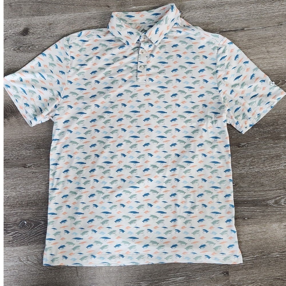 Burlebo Mens Fly Fishing Lure Print Performance Polo Shirt White Large
